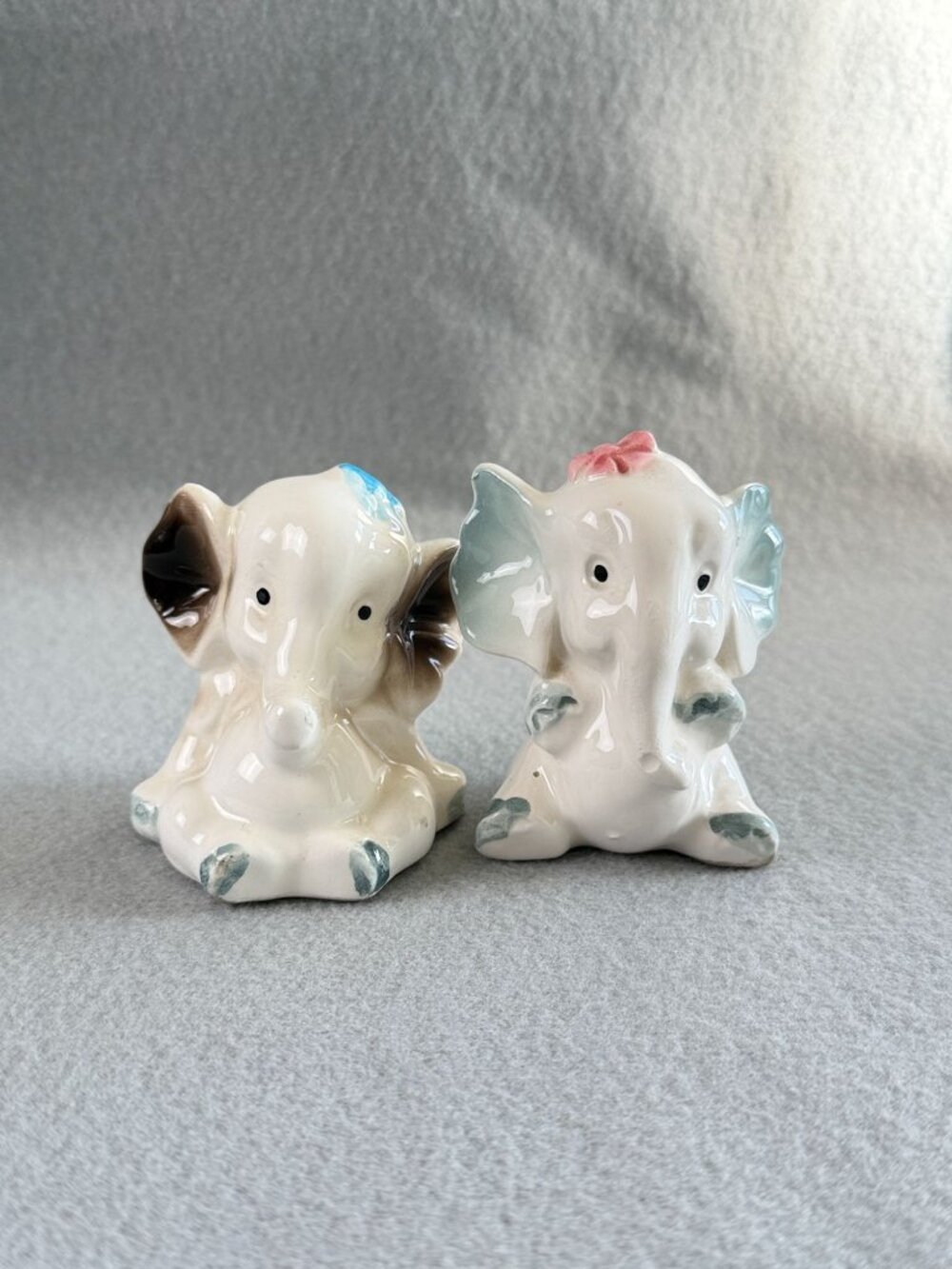 Vintage Ceramic Elephant Made In Japan Hand-Painted Boy &  girl